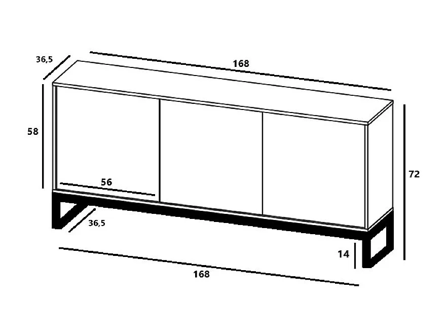 Commode avec 3 portes - Corps Noir mat, façades rainurées Noir mat - 168 cm, Cadre en métal noir