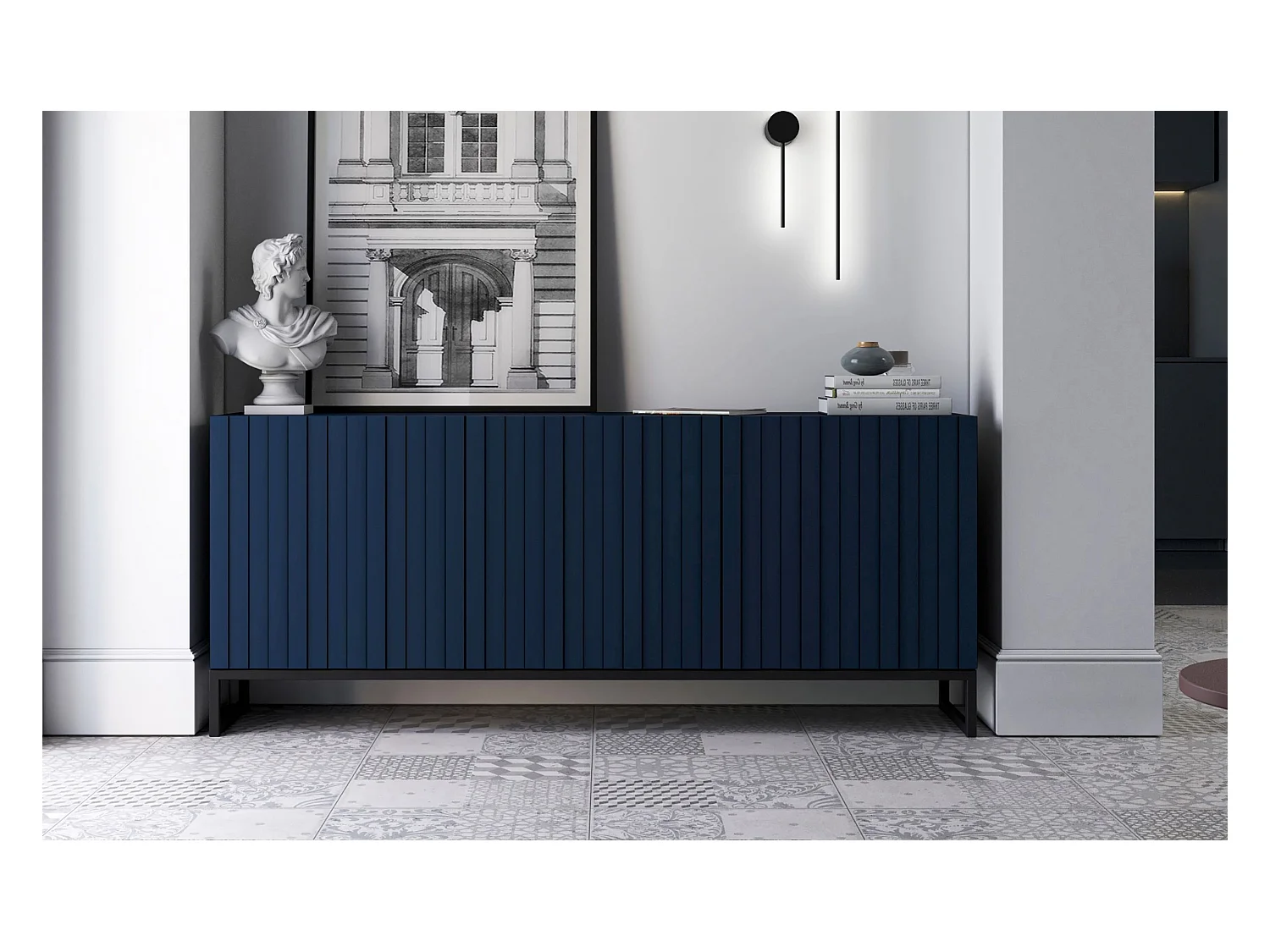 Commode avec 3 portes - Corps Bleu Marine mat, façades rainurées Bleu Marine mat - 168 cm, Cadre en métal noir