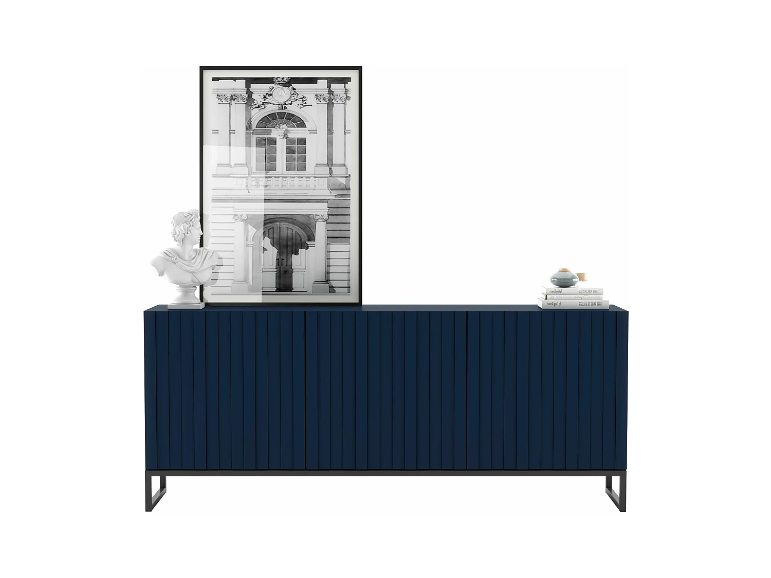 Commode avec 3 portes - Corps Bleu Marine mat, façades rainurées Bleu Marine mat - 168 cm, Cadre en métal noir
