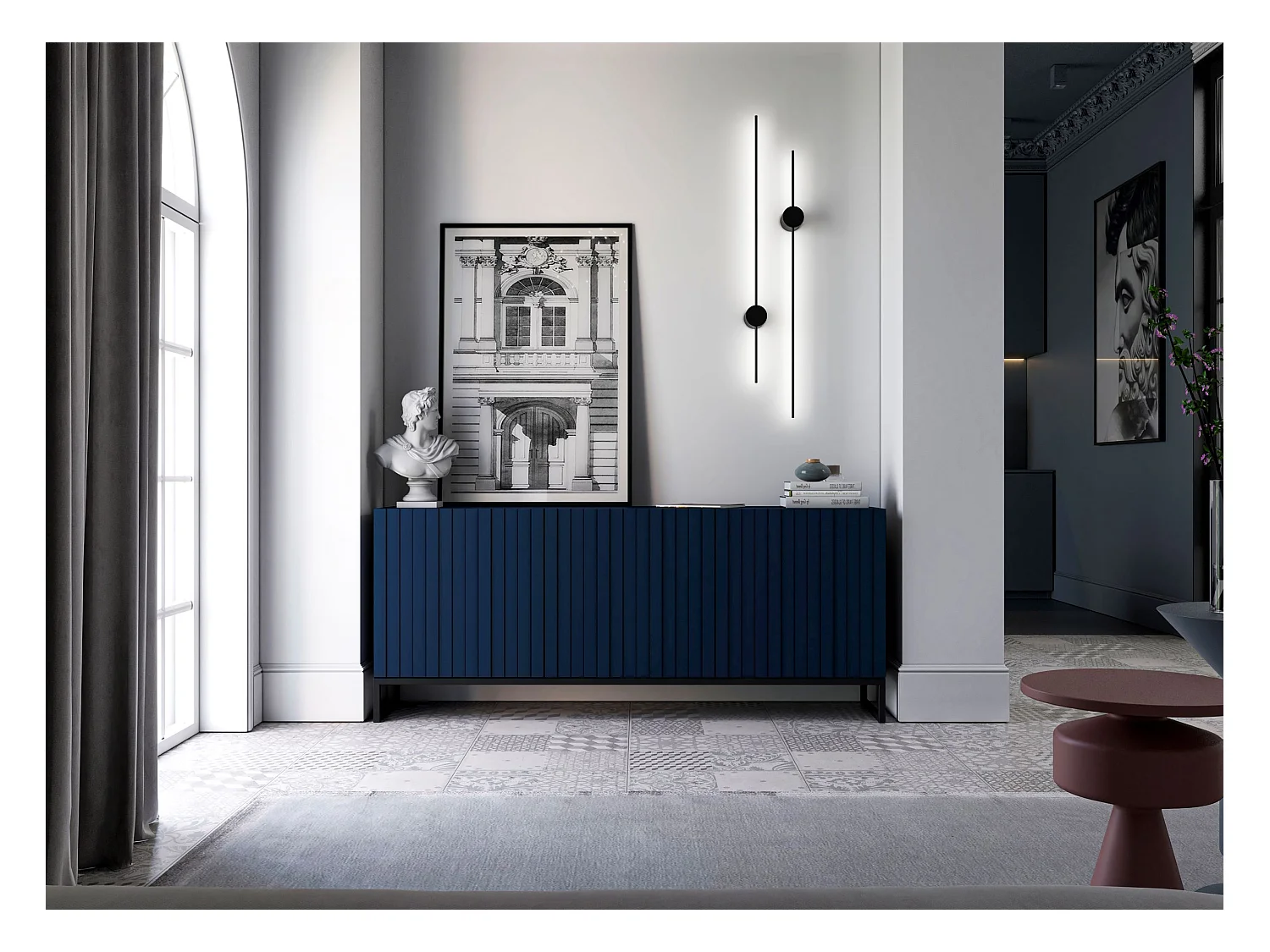 Commode avec 3 portes - Corps Bleu Marine mat, façades rainurées Bleu Marine mat - 168 cm, Cadre en métal noir