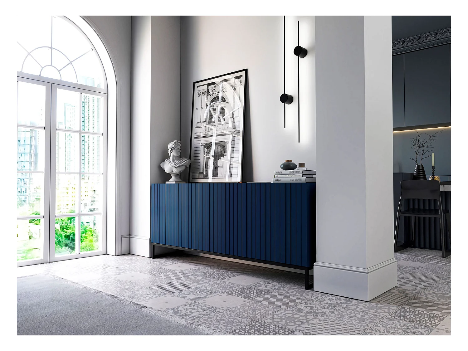 Commode avec 3 portes - Corps Bleu Marine mat, façades rainurées Bleu Marine mat - 168 cm, Cadre en métal noir
