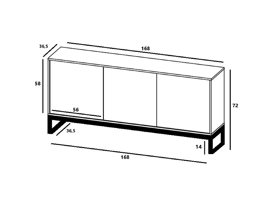 Commode avec 3 portes - Corps Bleu Marine mat, façades rainurées Bleu Marine mat - 168 cm, Cadre en métal noir