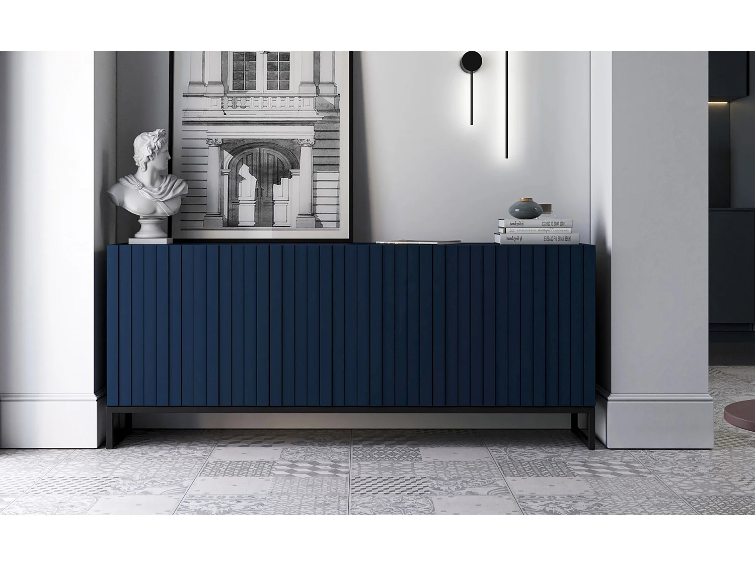 Commode avec 3 portes - Corps Bleu Marine mat, façades rainurées Bleu Marine mat - 168 cm, Cadre en métal noir