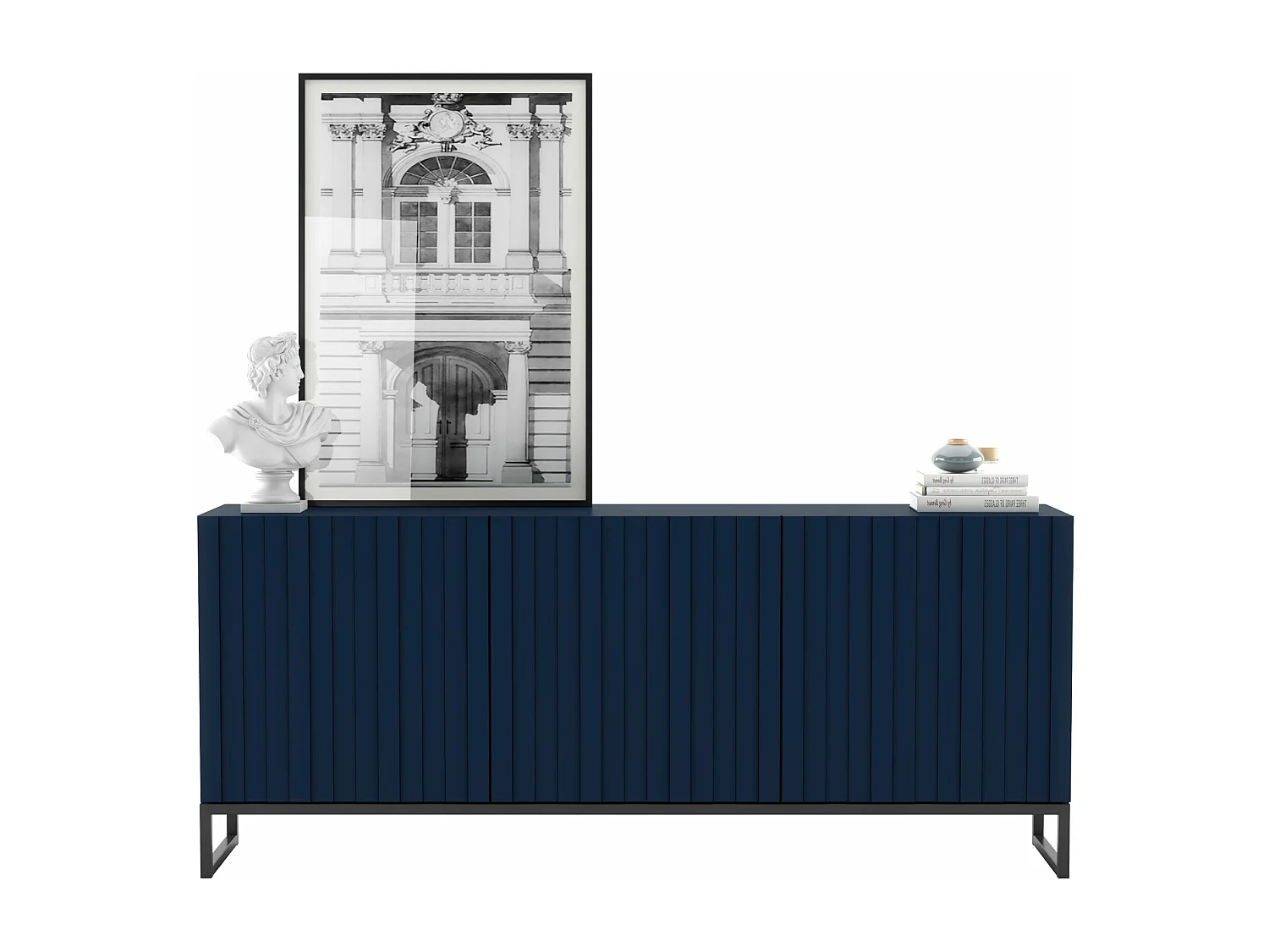 Commode avec 3 portes - Corps Bleu Marine mat, façades rainurées Bleu Marine mat - 168 cm, Cadre en métal noir