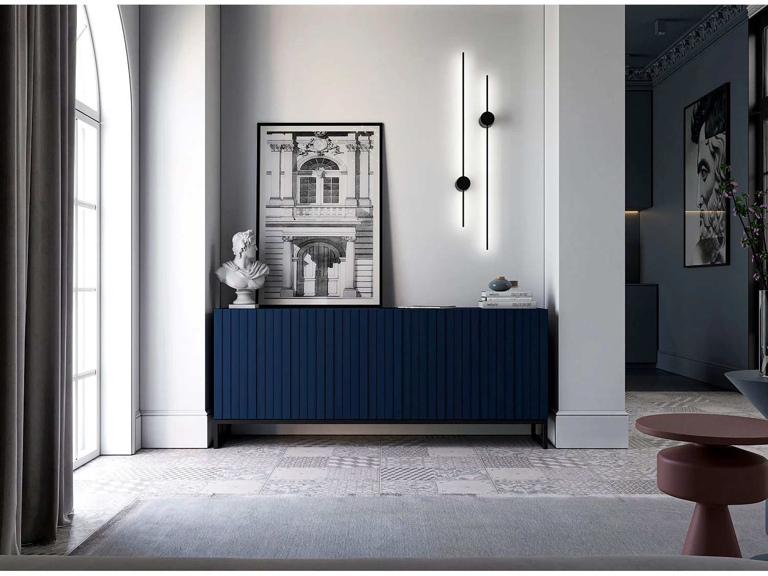 Commode avec 3 portes - Corps Bleu Marine mat, façades rainurées Bleu Marine mat - 168 cm, Cadre en métal noir