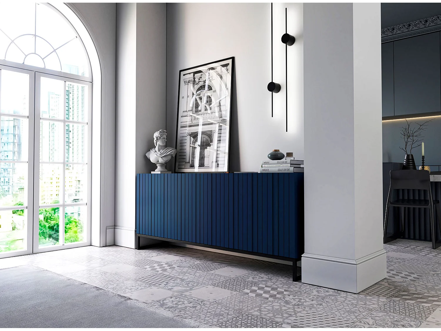 Commode avec 3 portes - Corps Bleu Marine mat, façades rainurées Bleu Marine mat - 168 cm, Cadre en métal noir