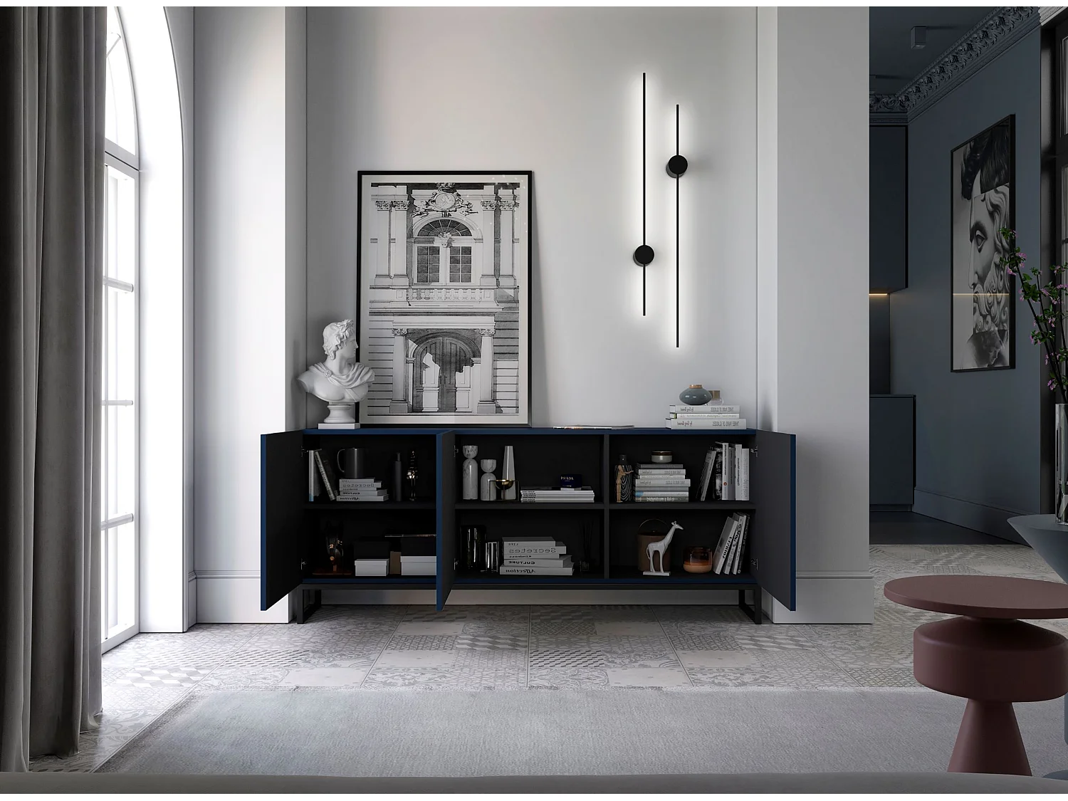 Commode avec 3 portes - Corps Bleu Marine mat, façades rainurées Bleu Marine mat - 168 cm, Cadre en métal noir