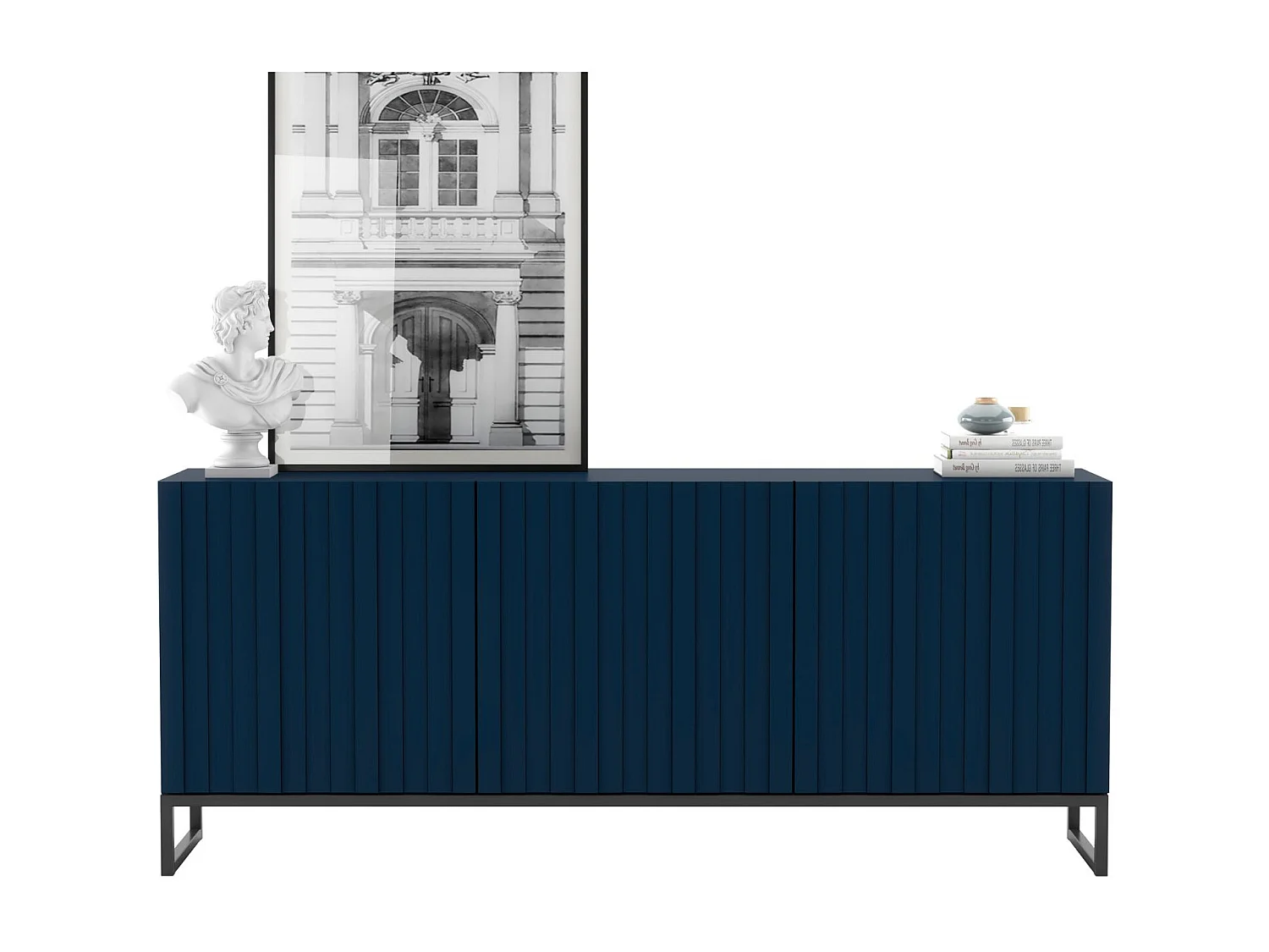 Commode avec 3 portes - Corps Bleu Marine mat, façades rainurées Bleu Marine mat - 168 cm, Cadre en métal noir