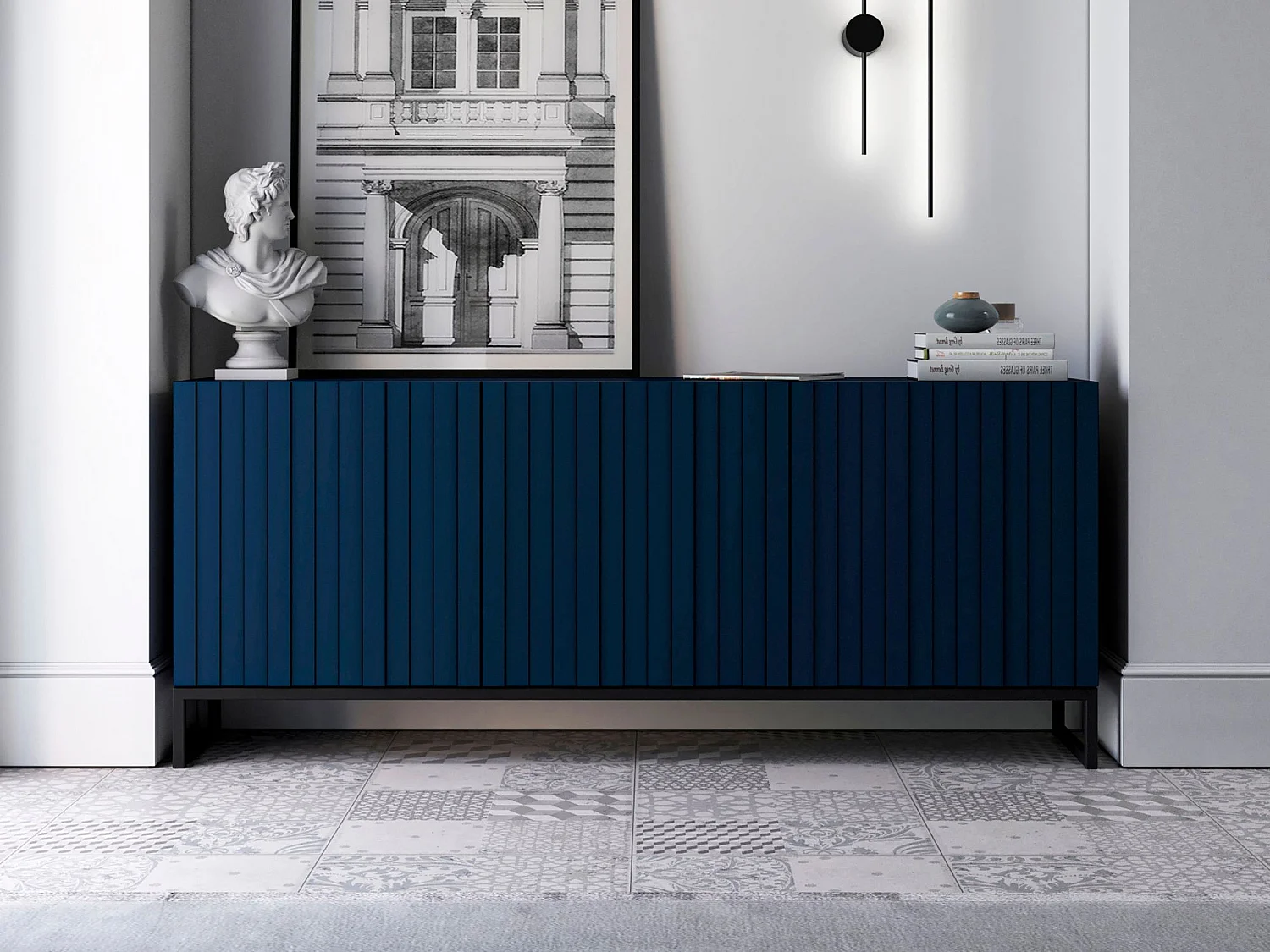 Commode avec 3 portes - Corps Bleu Marine mat, façades rainurées Bleu Marine mat - 168 cm, Cadre en métal noir