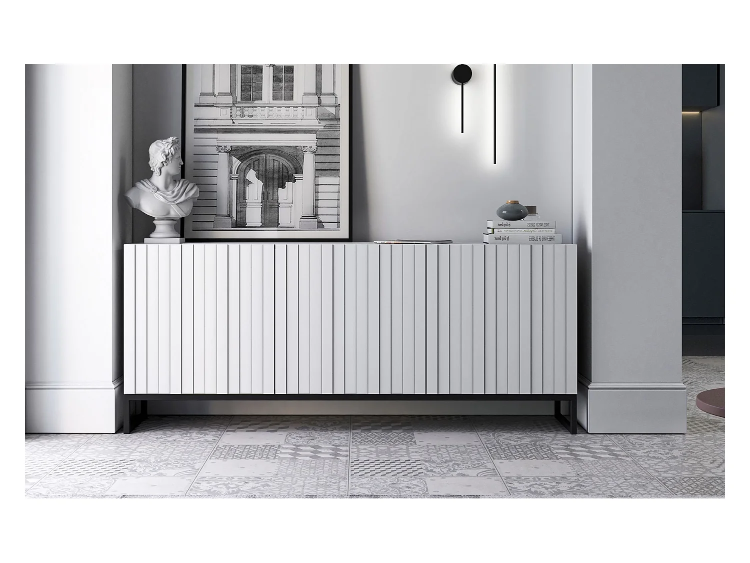 Commode avec 3 portes - Corps Blanc mat, façades rainurées Blanc mat - 168 cm, Cadre en métal noir