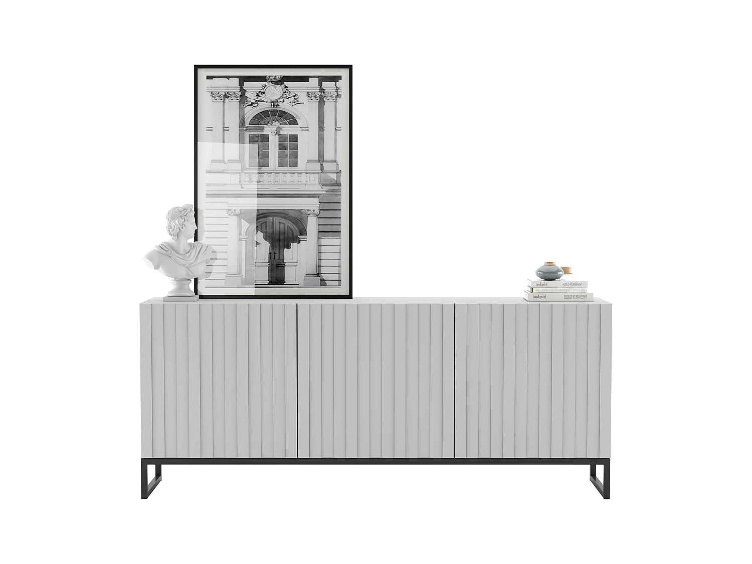 Commode avec 3 portes - Corps Blanc mat, façades rainurées Blanc mat - 168 cm, Cadre en métal noir