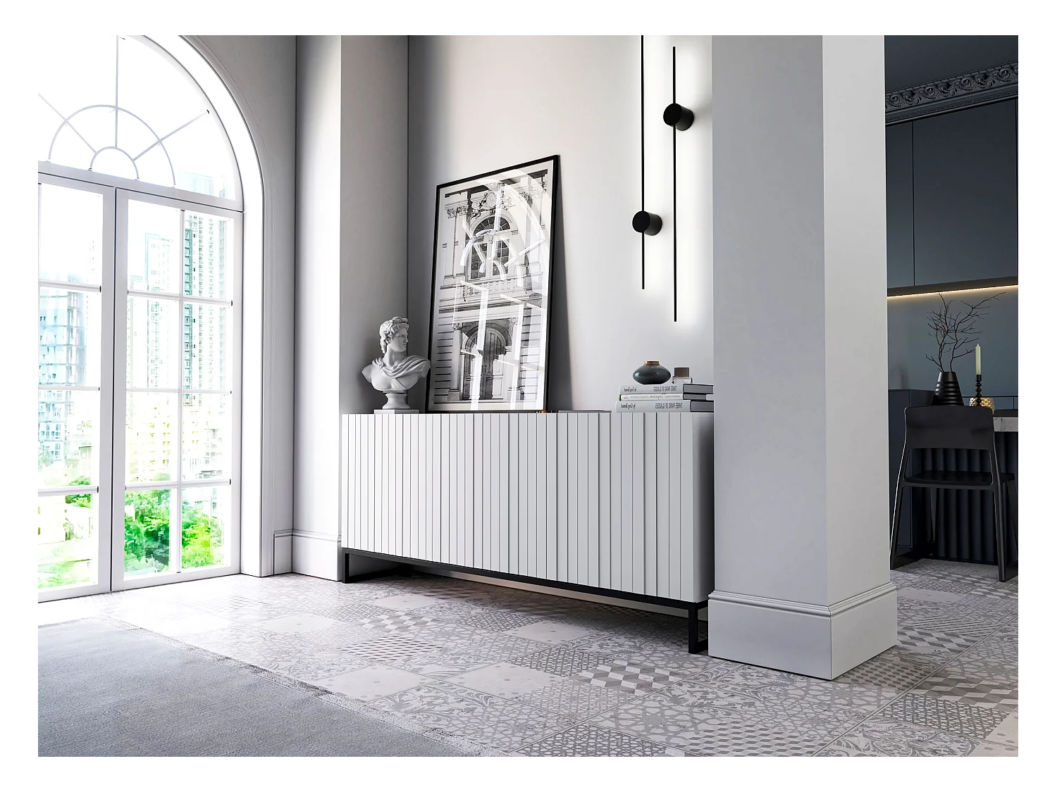 Commode avec 3 portes - Corps Blanc mat, façades rainurées Blanc mat - 168 cm, Cadre en métal noir