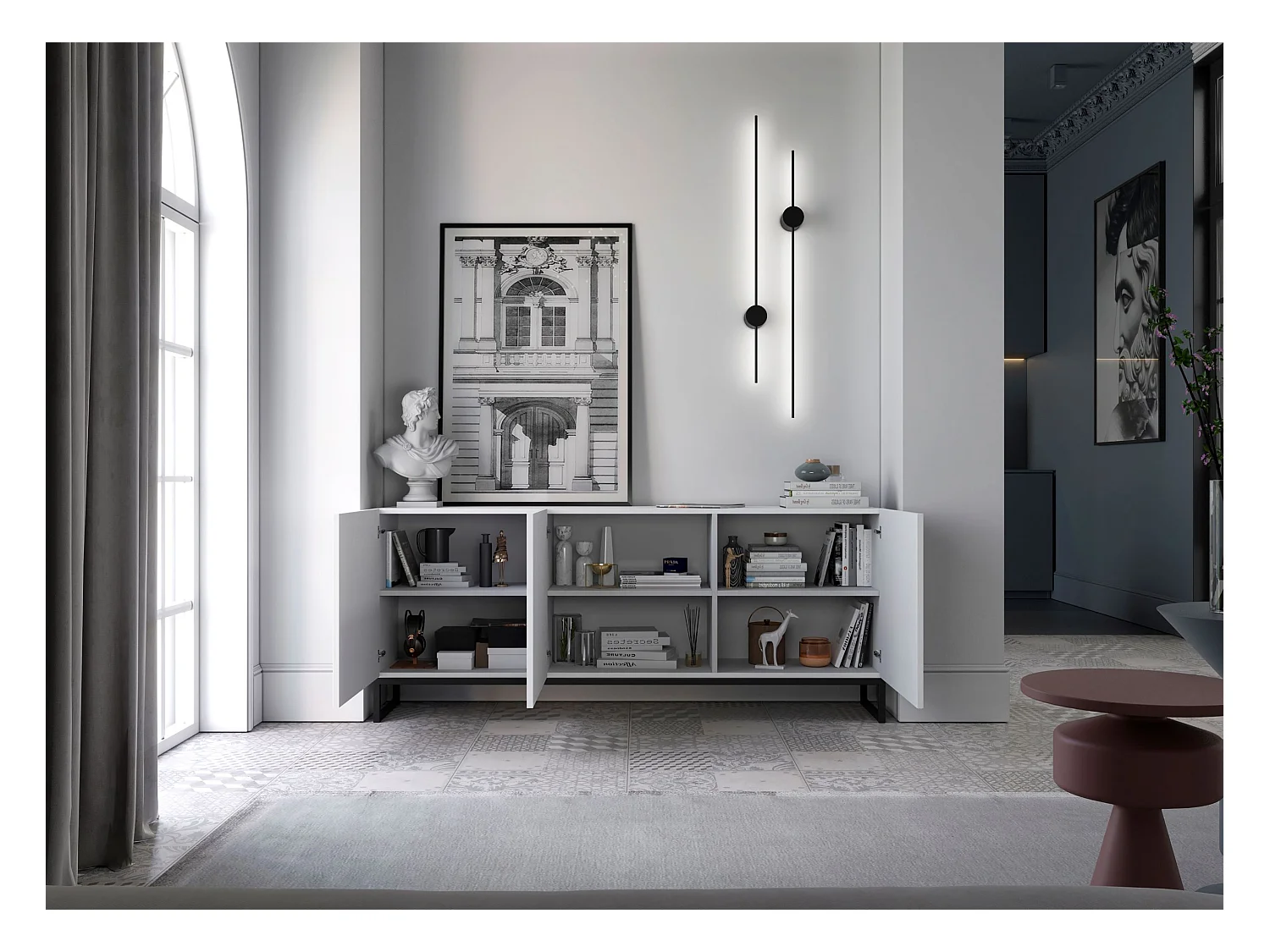 Commode avec 3 portes - Corps Blanc mat, façades rainurées Blanc mat - 168 cm, Cadre en métal noir