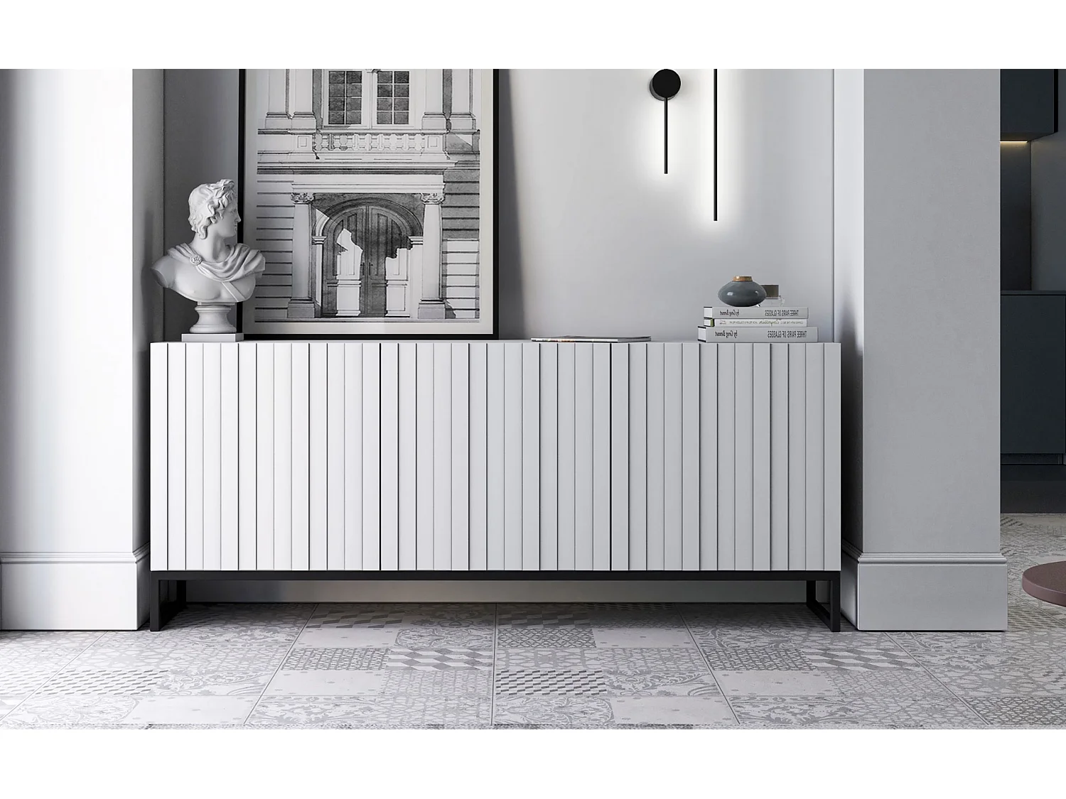 Commode avec 3 portes - Corps Blanc mat, façades rainurées Blanc mat - 168 cm, Cadre en métal noir