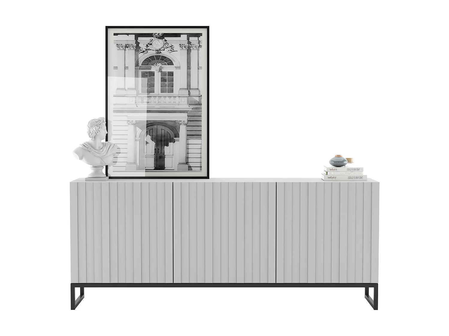 Commode avec 3 portes - Corps Blanc mat, façades rainurées Blanc mat - 168 cm, Cadre en métal noir