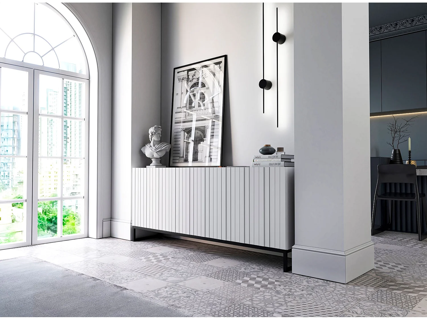 Commode avec 3 portes - Corps Blanc mat, façades rainurées Blanc mat - 168 cm, Cadre en métal noir