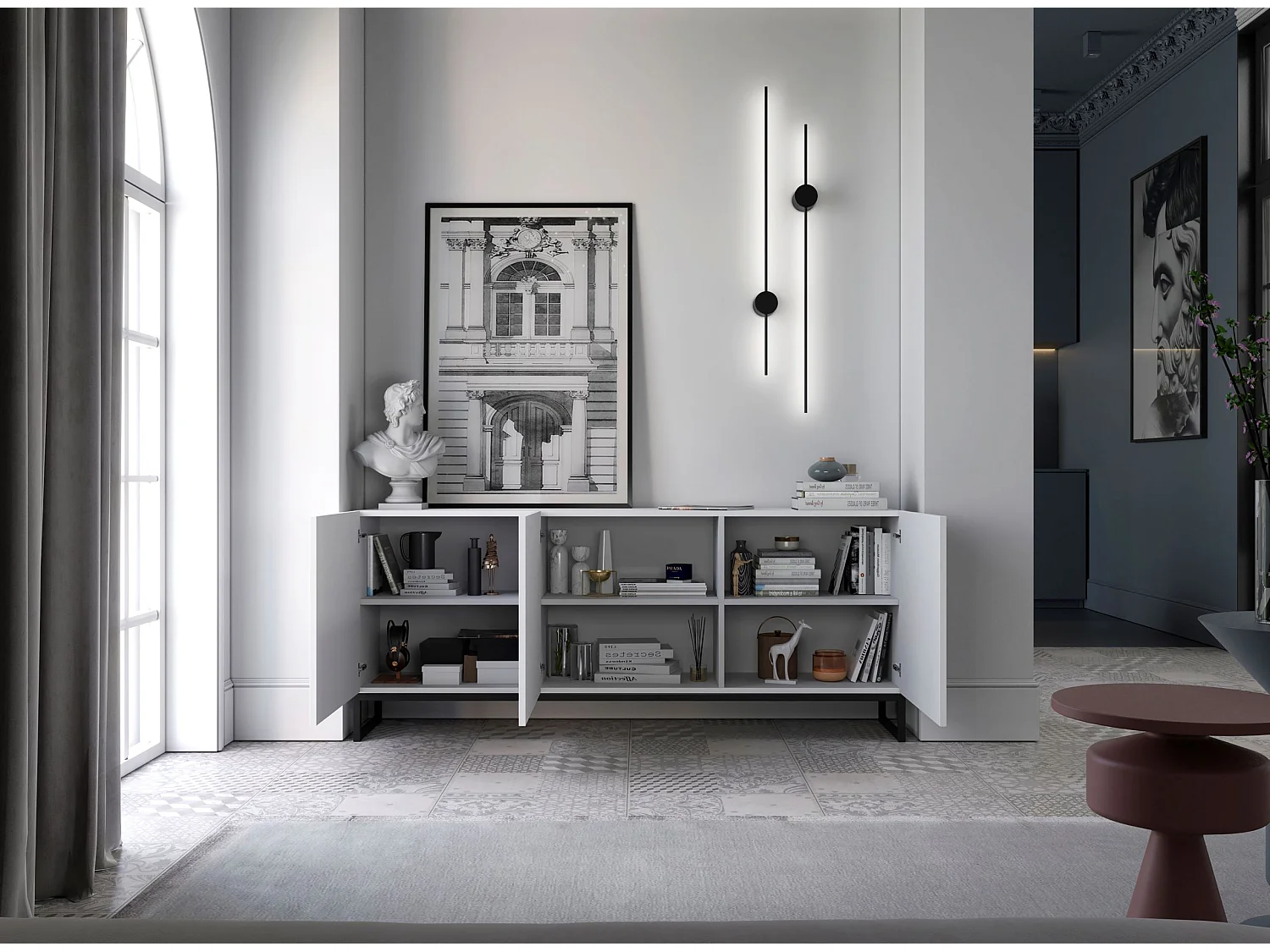 Commode avec 3 portes - Corps Blanc mat, façades rainurées Blanc mat - 168 cm, Cadre en métal noir