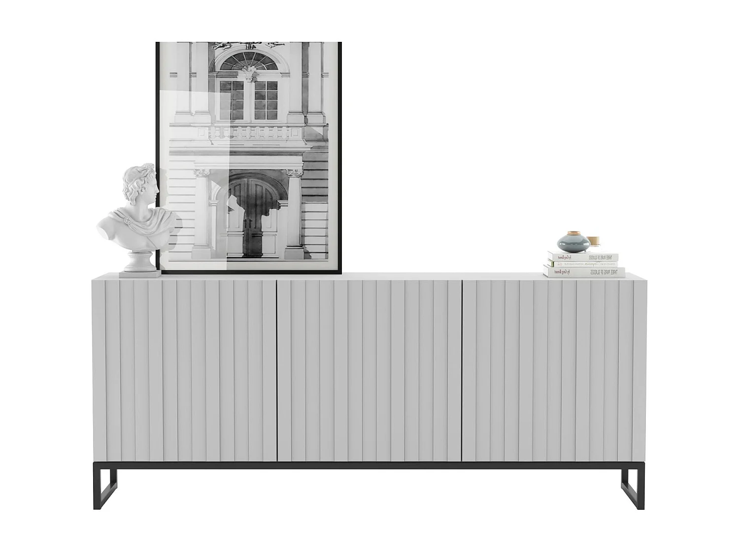 Commode avec 3 portes - Corps Blanc mat, façades rainurées Blanc mat - 168 cm, Cadre en métal noir