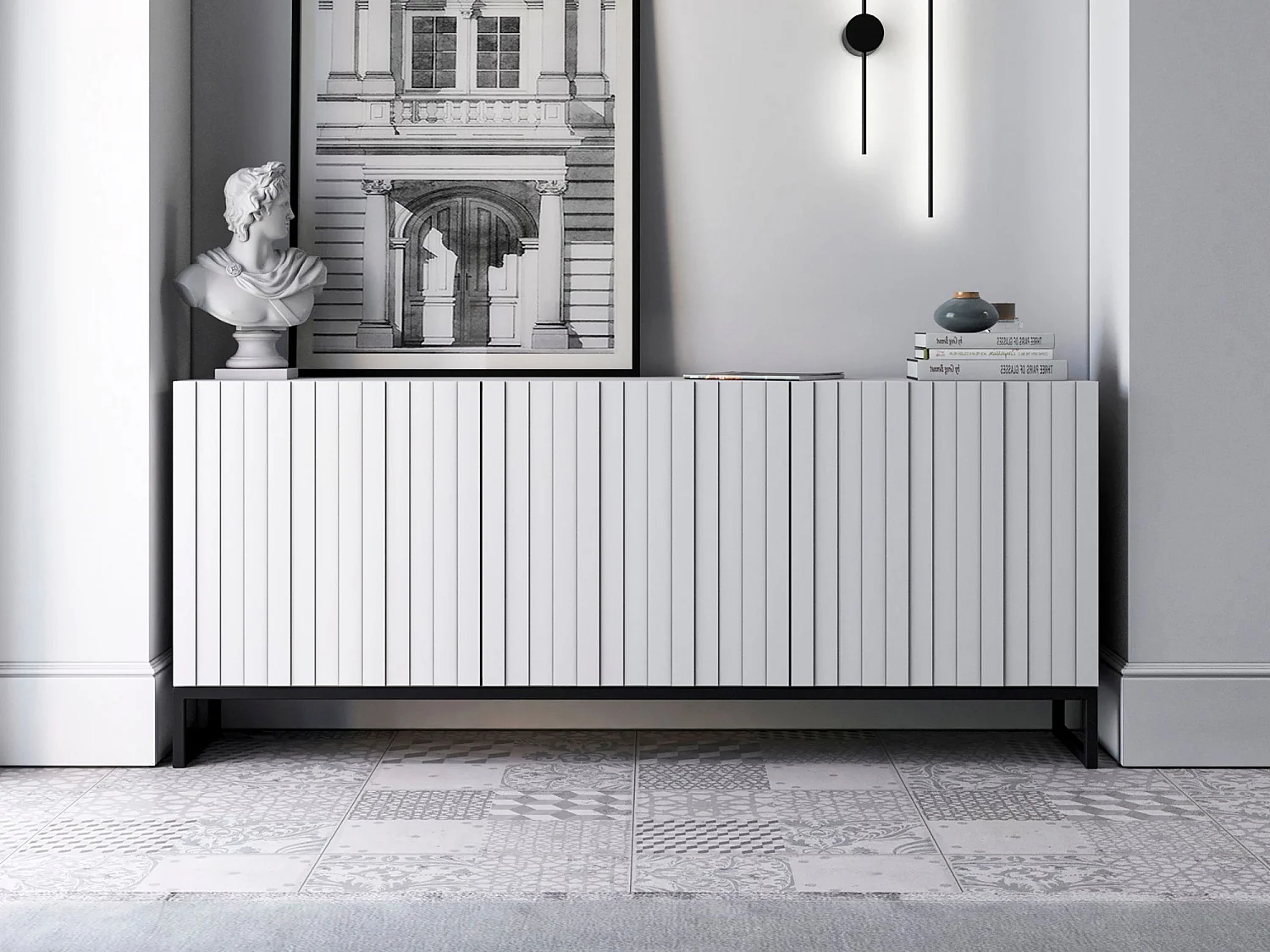 Commode avec 3 portes - Corps Blanc mat, façades rainurées Blanc mat - 168 cm, Cadre en métal noir