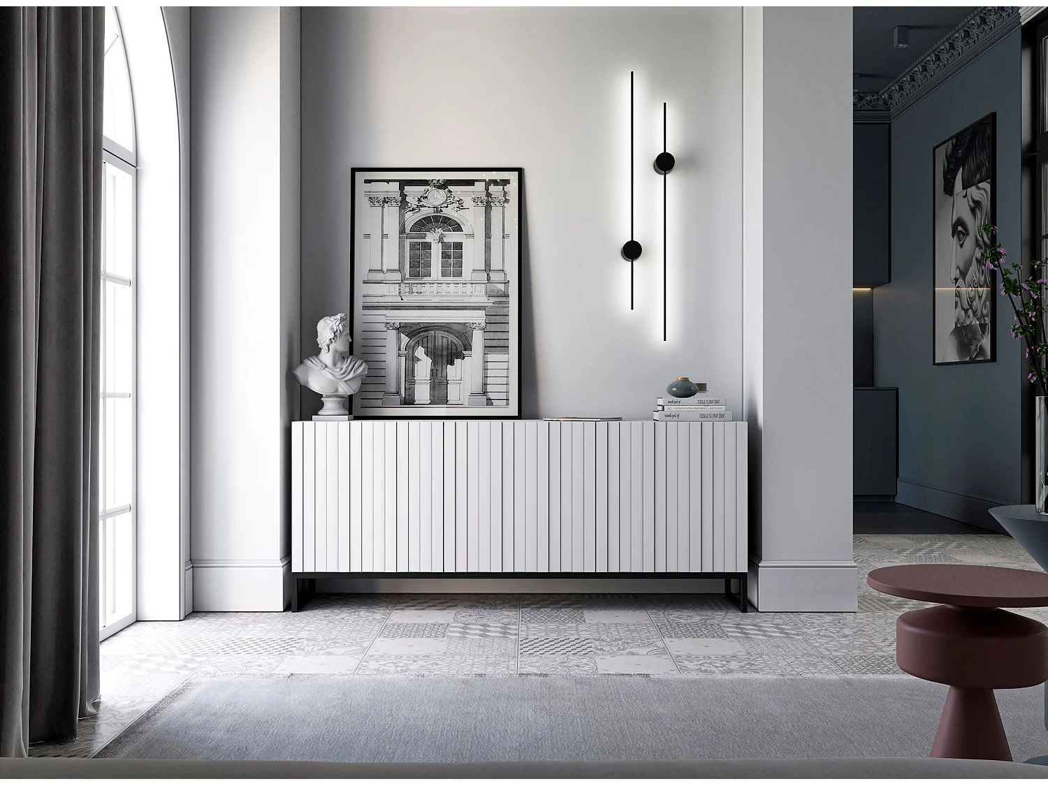 Commode avec 3 portes - Corps Blanc mat, façades rainurées Blanc mat - 168 cm, Cadre en métal noir