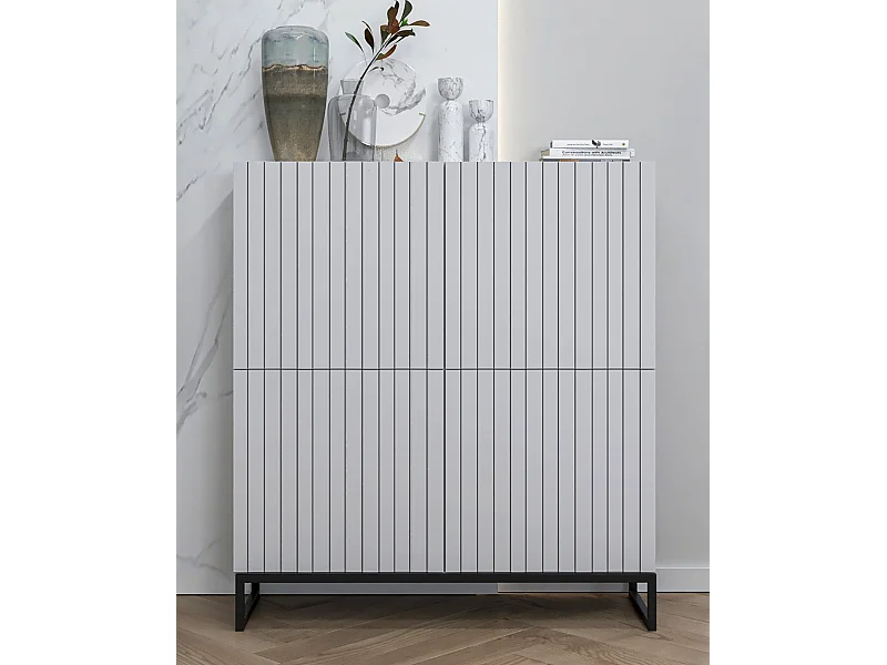 Commode avec 4 portes - Corps Blanc mat, façades rainurées Blanc mat - 112 cm, Cadre en métal noir