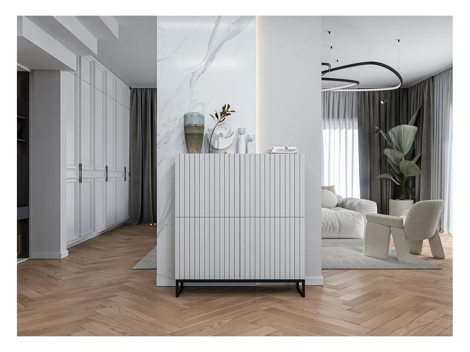 Commode avec 4 portes - Corps Blanc mat, façades rainurées Blanc mat - 112 cm, Cadre en métal noir