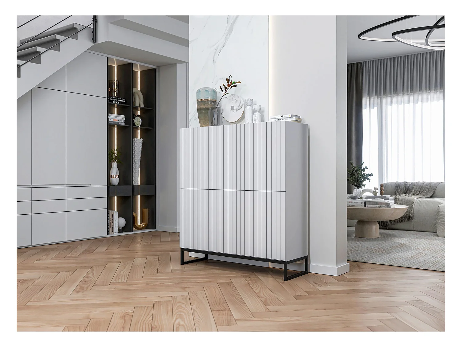 Commode avec 4 portes - Corps Blanc mat, façades rainurées Blanc mat - 112 cm, Cadre en métal noir