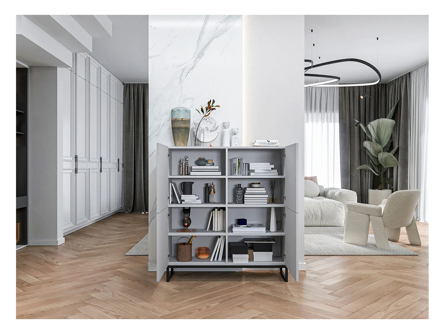 Commode avec 4 portes - Corps Blanc mat, façades rainurées Blanc mat - 112 cm, Cadre en métal noir