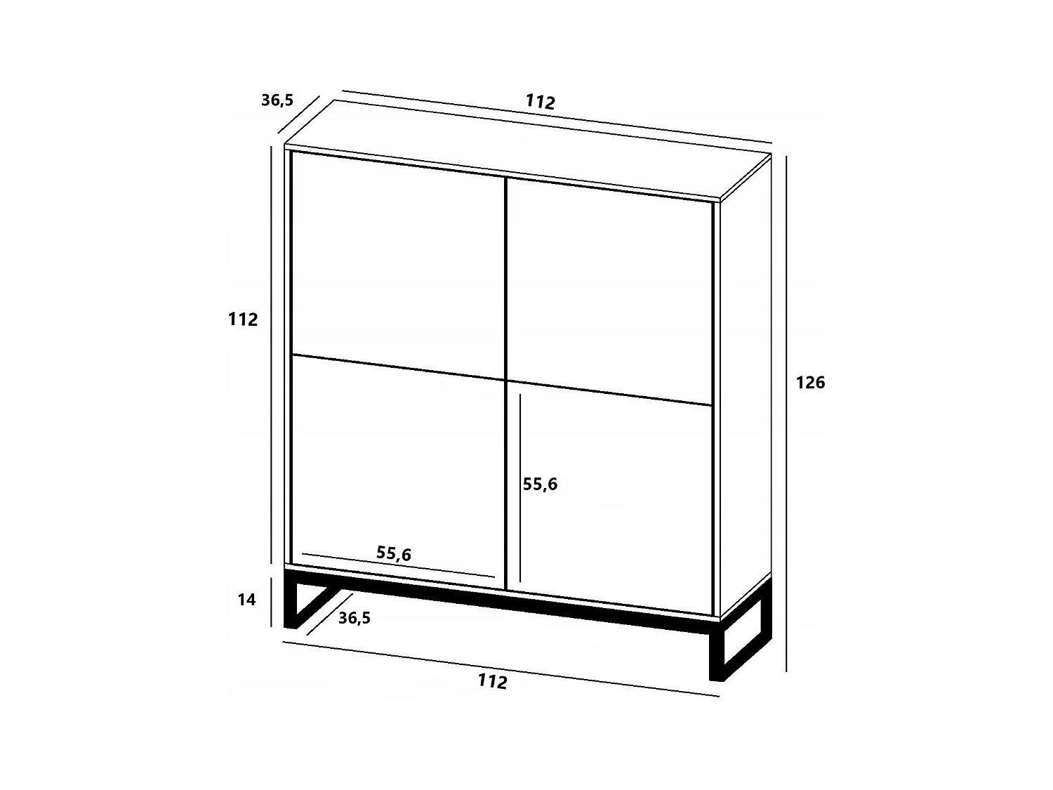 Commode avec 4 portes - Corps Blanc mat, façades rainurées Blanc mat - 112 cm, Cadre en métal noir
