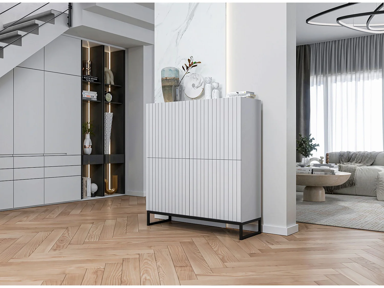 Commode avec 4 portes - Corps Blanc mat, façades rainurées Blanc mat - 112 cm, Cadre en métal noir