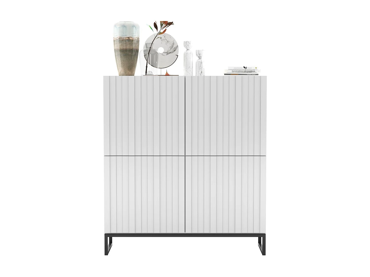 Dressoir met 4 deuren – Matwitte kast, groefde matwitte fronten – 112 cm, zwart metalen frame