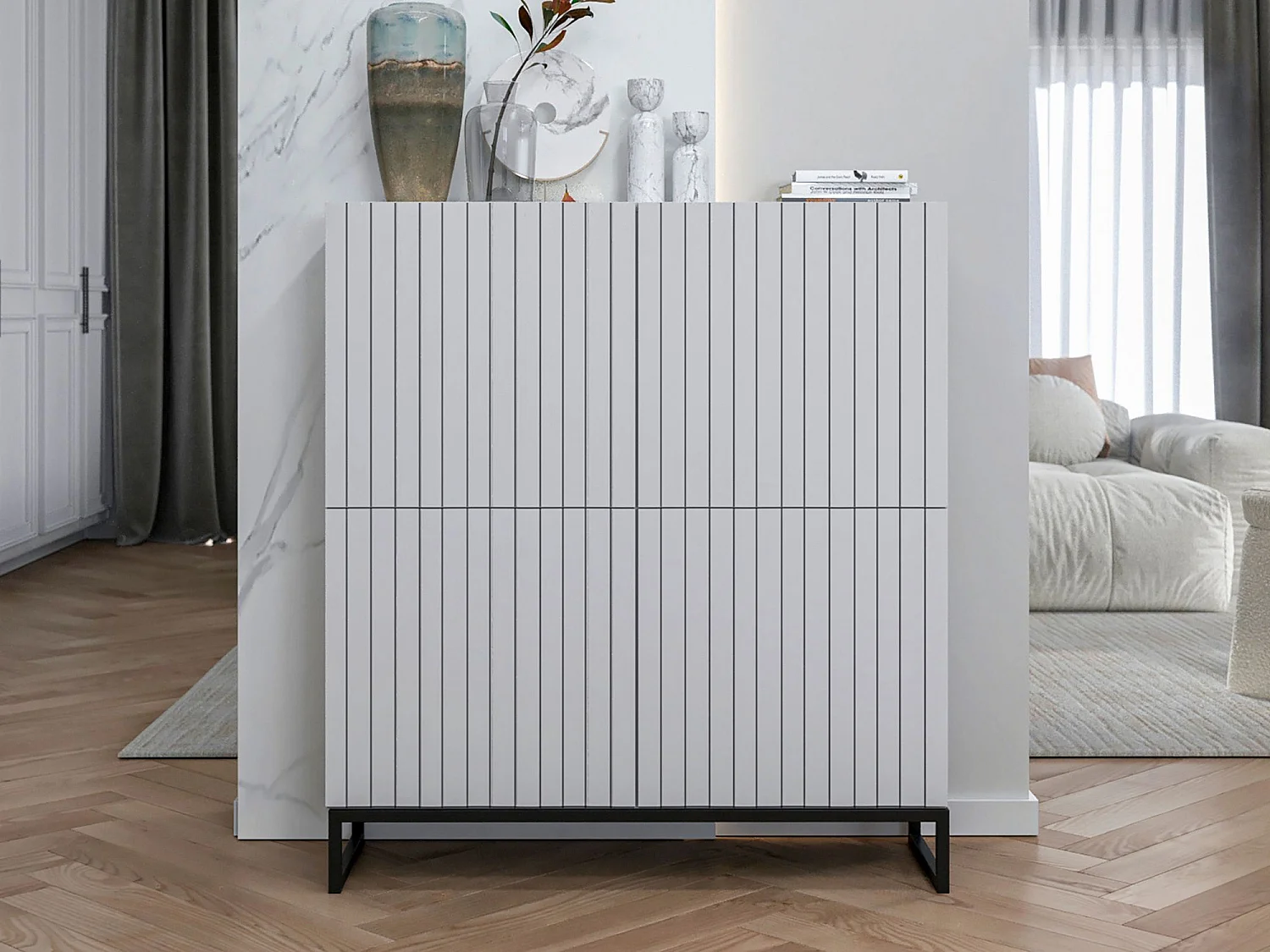 Dressoir met 4 deuren – Matwitte kast, groefde matwitte fronten – 112 cm, zwart metalen frame