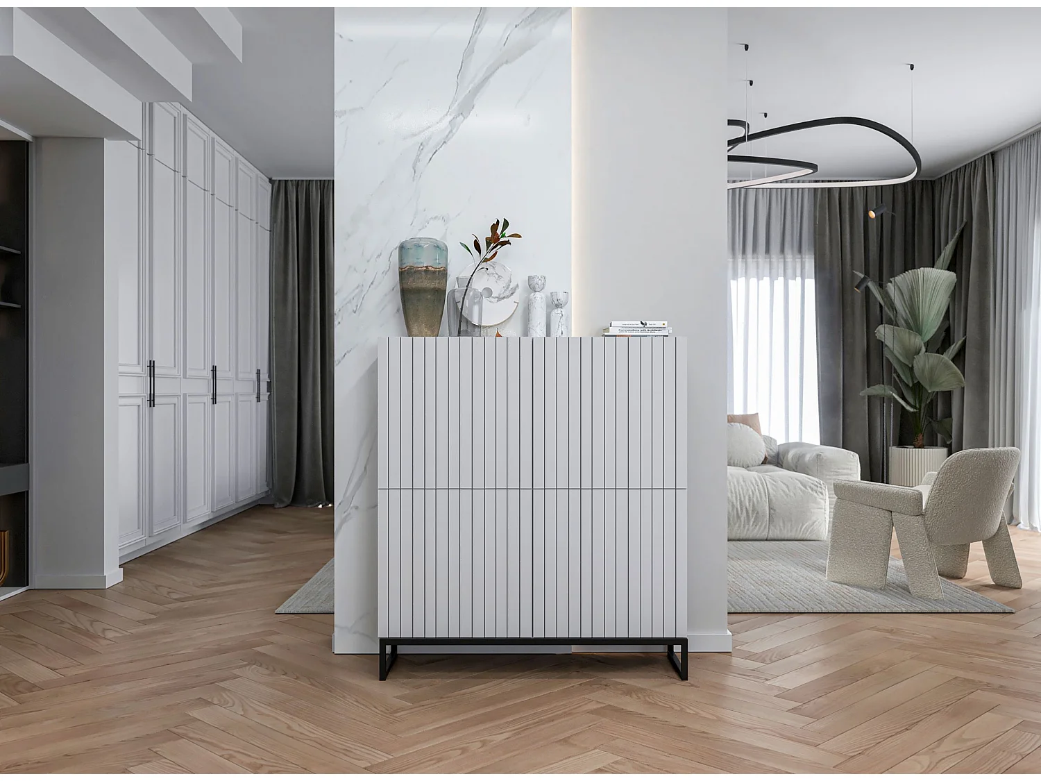 Dressoir met 4 deuren – Matwitte kast, groefde matwitte fronten – 112 cm, zwart metalen frame