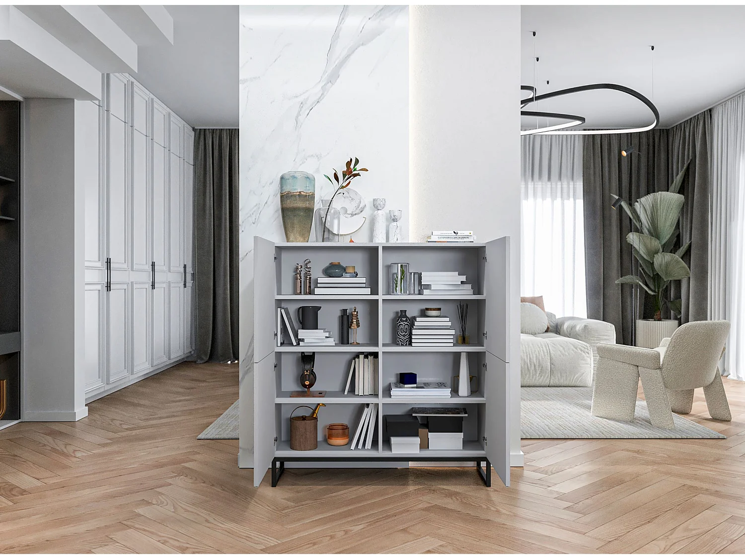 Dressoir met 4 deuren – Matwitte kast, groefde matwitte fronten – 112 cm, zwart metalen frame