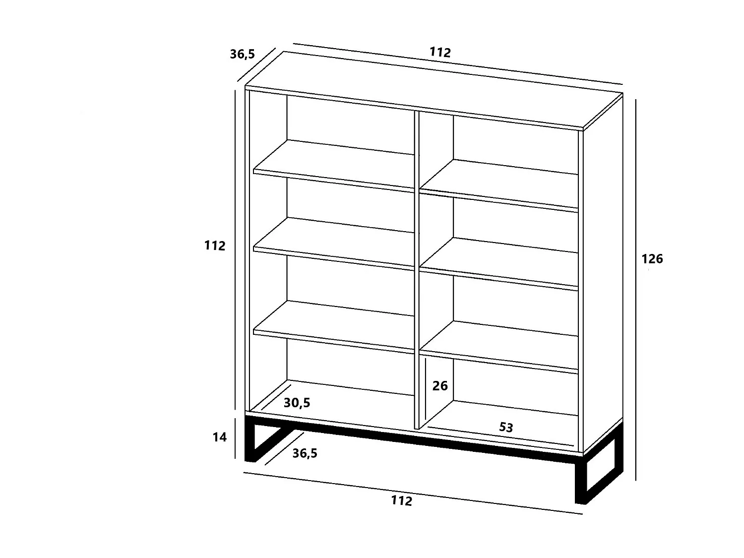 Dressoir met 4 deuren – Matwitte kast, groefde matwitte fronten – 112 cm, zwart metalen frame