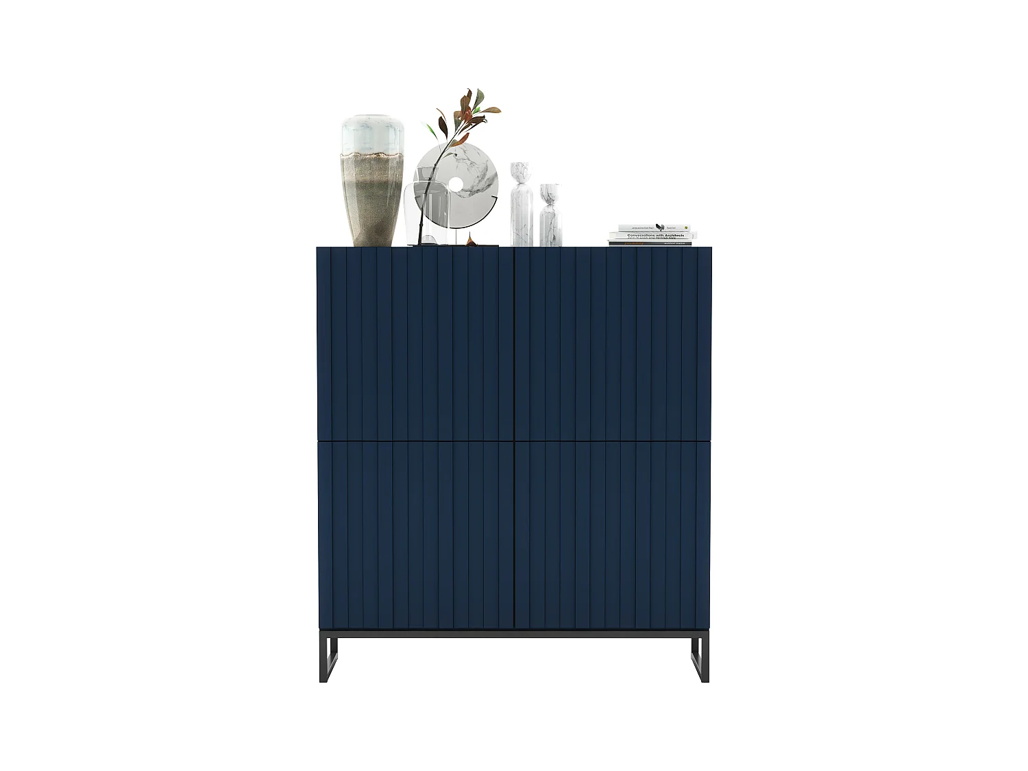 Commode avec 4 portes - Corps Bleu Marine mat, façades rainurées Bleu Marine mat - 112 cm, Cadre en métal noir