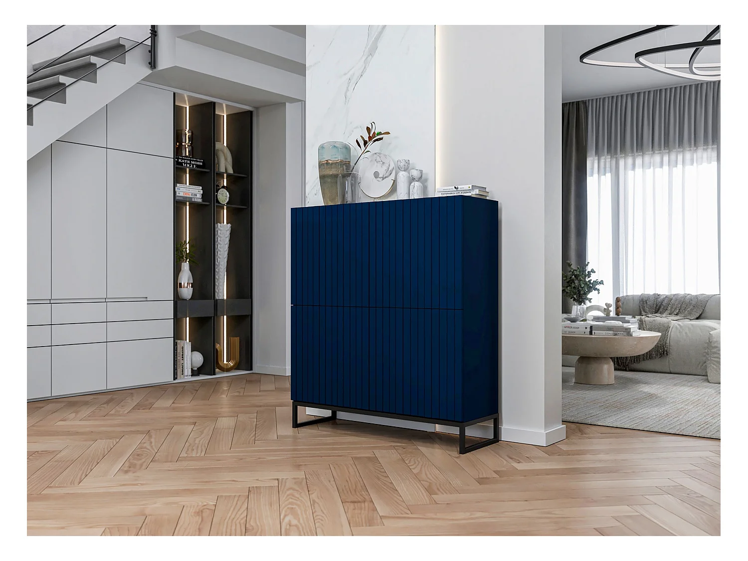 Commode avec 4 portes - Corps Bleu Marine mat, façades rainurées Bleu Marine mat - 112 cm, Cadre en métal noir