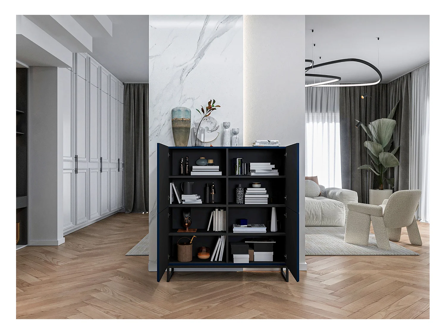 Commode avec 4 portes - Corps Bleu Marine mat, façades rainurées Bleu Marine mat - 112 cm, Cadre en métal noir