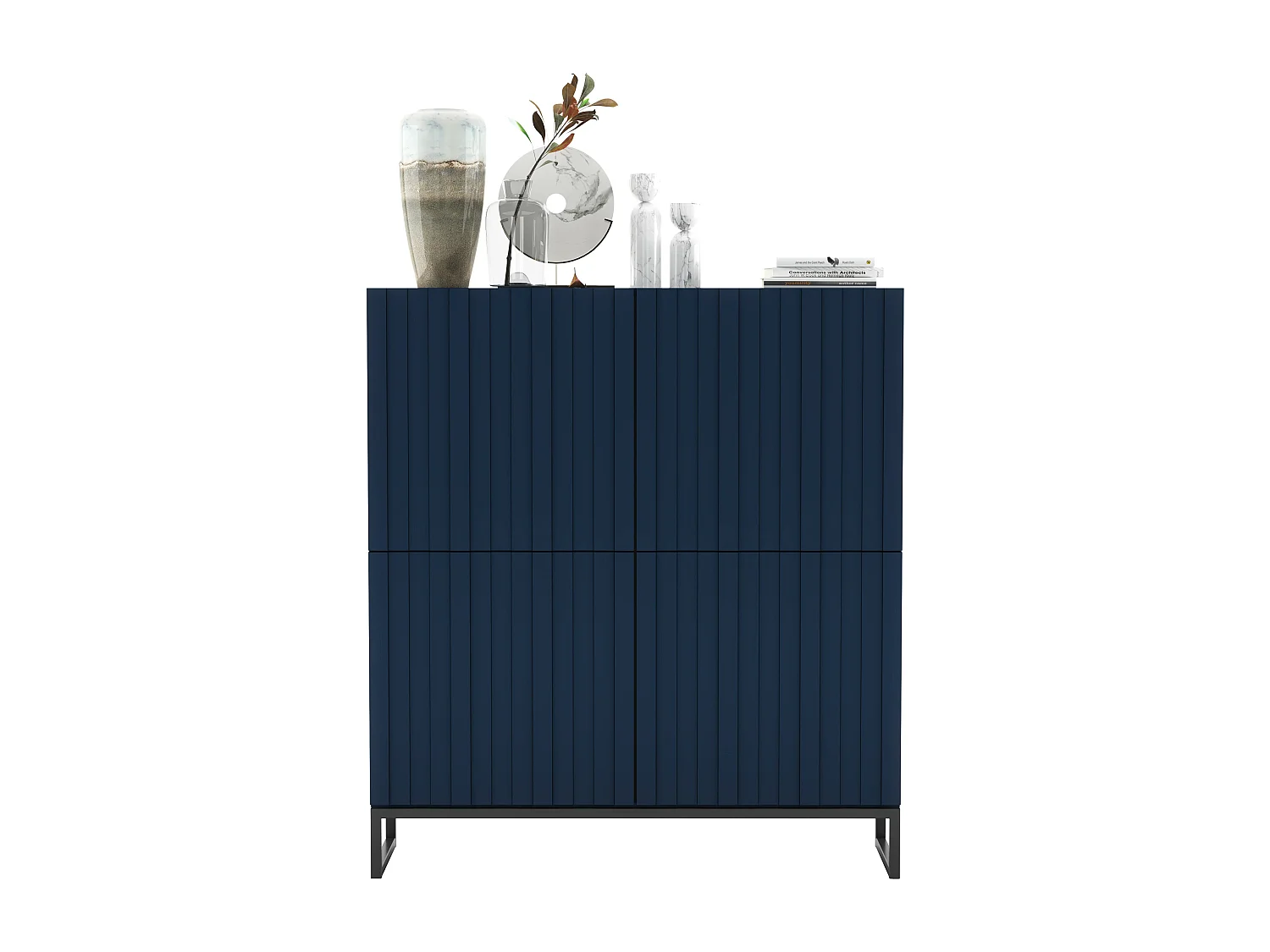 Commode avec 4 portes - Corps Bleu Marine mat, façades rainurées Bleu Marine mat - 112 cm, Cadre en métal noir