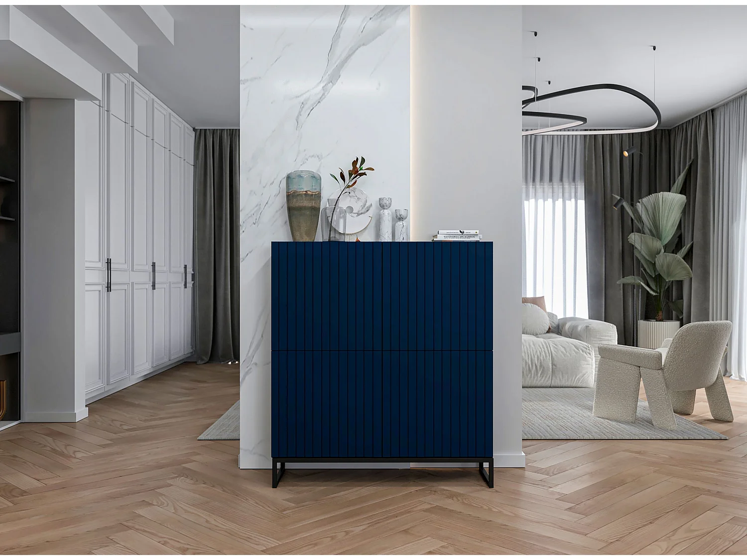 Commode avec 4 portes - Corps Bleu Marine mat, façades rainurées Bleu Marine mat - 112 cm, Cadre en métal noir