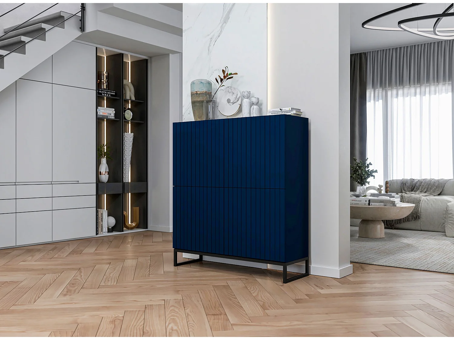 Commode avec 4 portes - Corps Bleu Marine mat, façades rainurées Bleu Marine mat - 112 cm, Cadre en métal noir