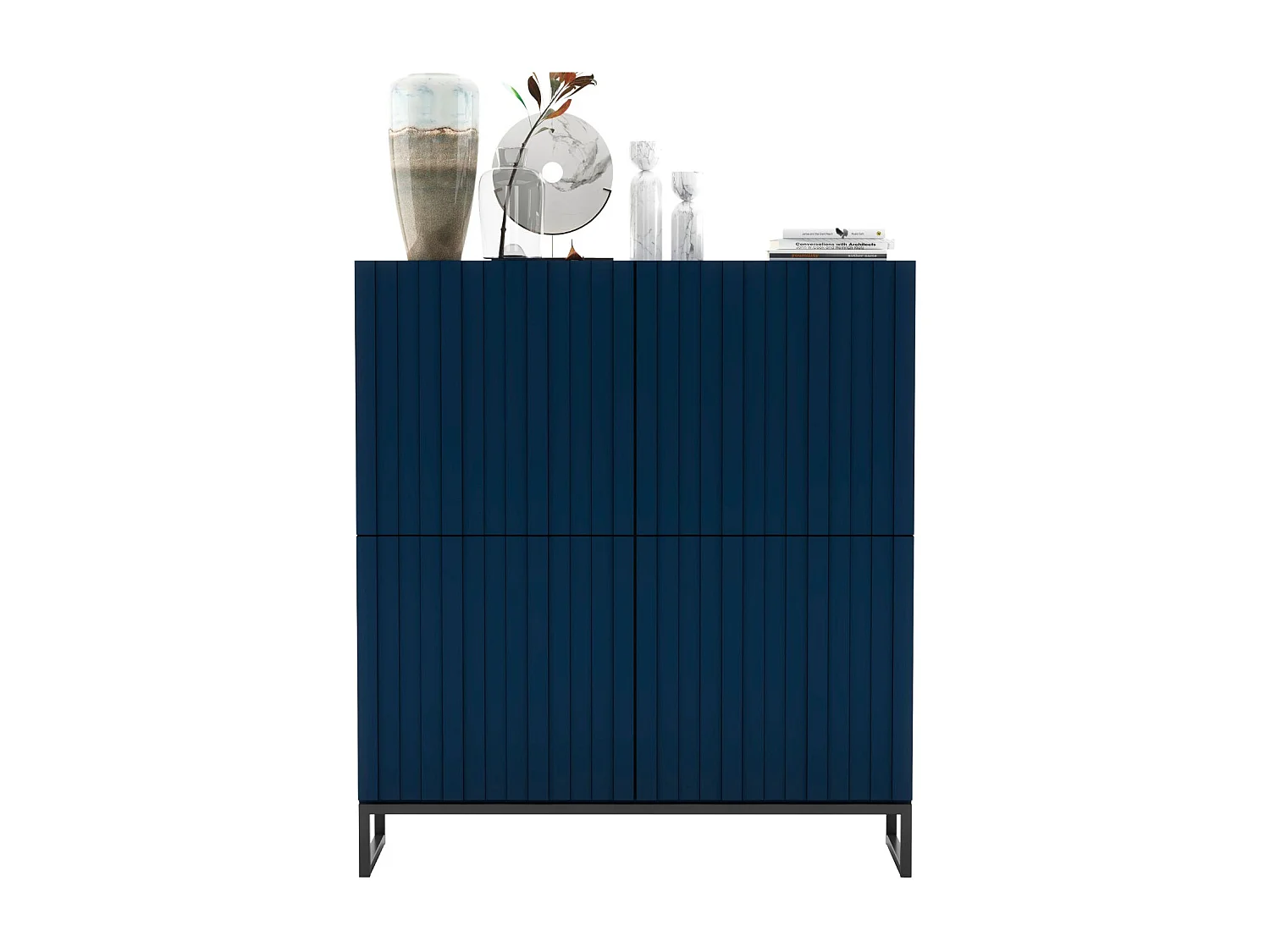 Commode avec 4 portes - Corps Bleu Marine mat, façades rainurées Bleu Marine mat - 112 cm, Cadre en métal noir