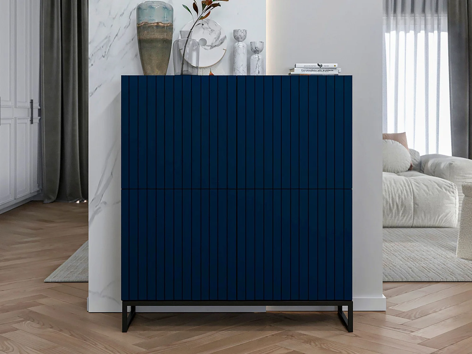 Commode avec 4 portes - Corps Bleu Marine mat, façades rainurées Bleu Marine mat - 112 cm, Cadre en métal noir
