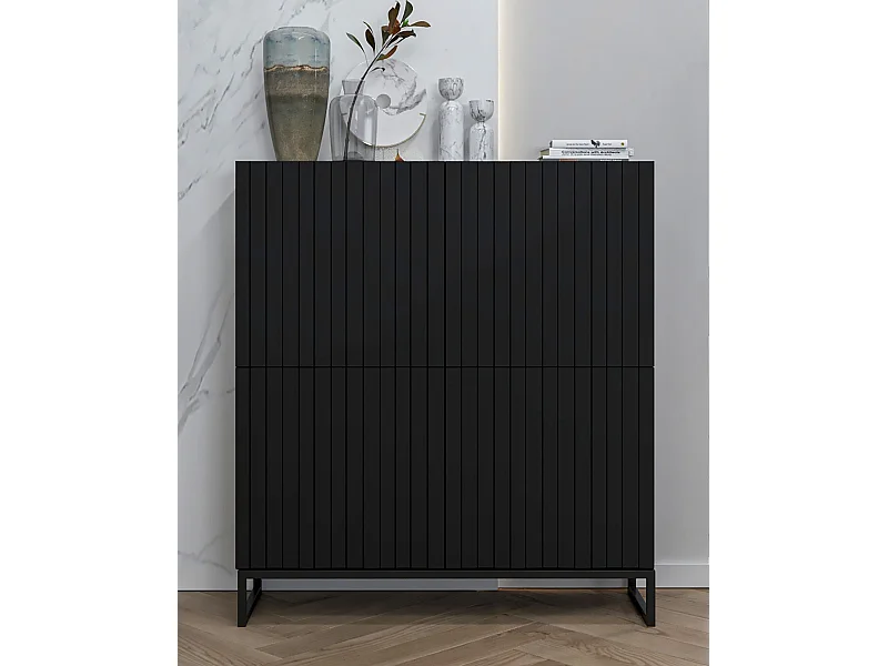 Commode avec 4 portes - Corps Noir mat, façades rainurées Noir mat - 112 cm, Cadre en métal noir