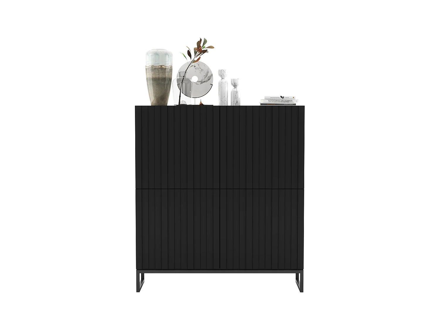 Commode avec 4 portes - Corps Noir mat, façades rainurées Noir mat - 112 cm, Cadre en métal noir