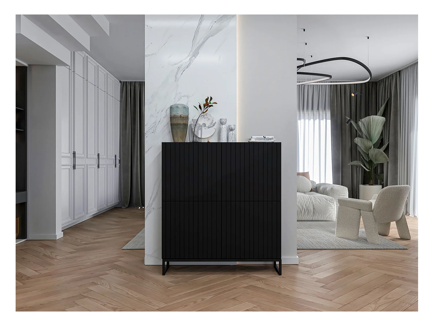 Commode avec 4 portes - Corps Noir mat, façades rainurées Noir mat - 112 cm, Cadre en métal noir