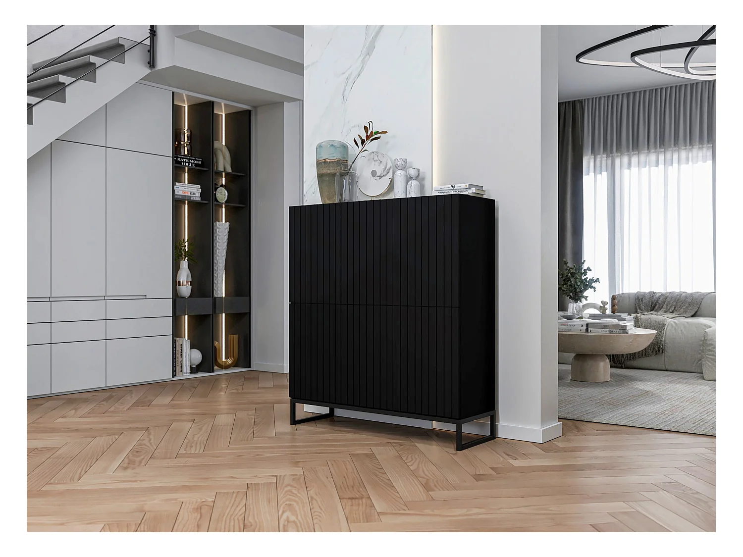 Commode avec 4 portes - Corps Noir mat, façades rainurées Noir mat - 112 cm, Cadre en métal noir