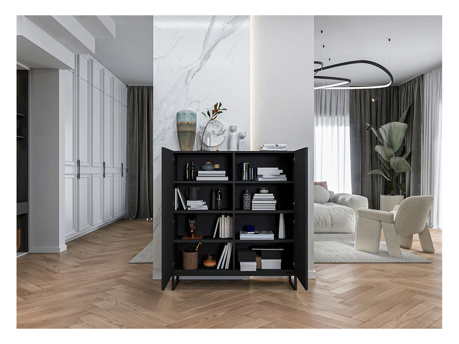 Commode avec 4 portes - Corps Noir mat, façades rainurées Noir mat - 112 cm, Cadre en métal noir