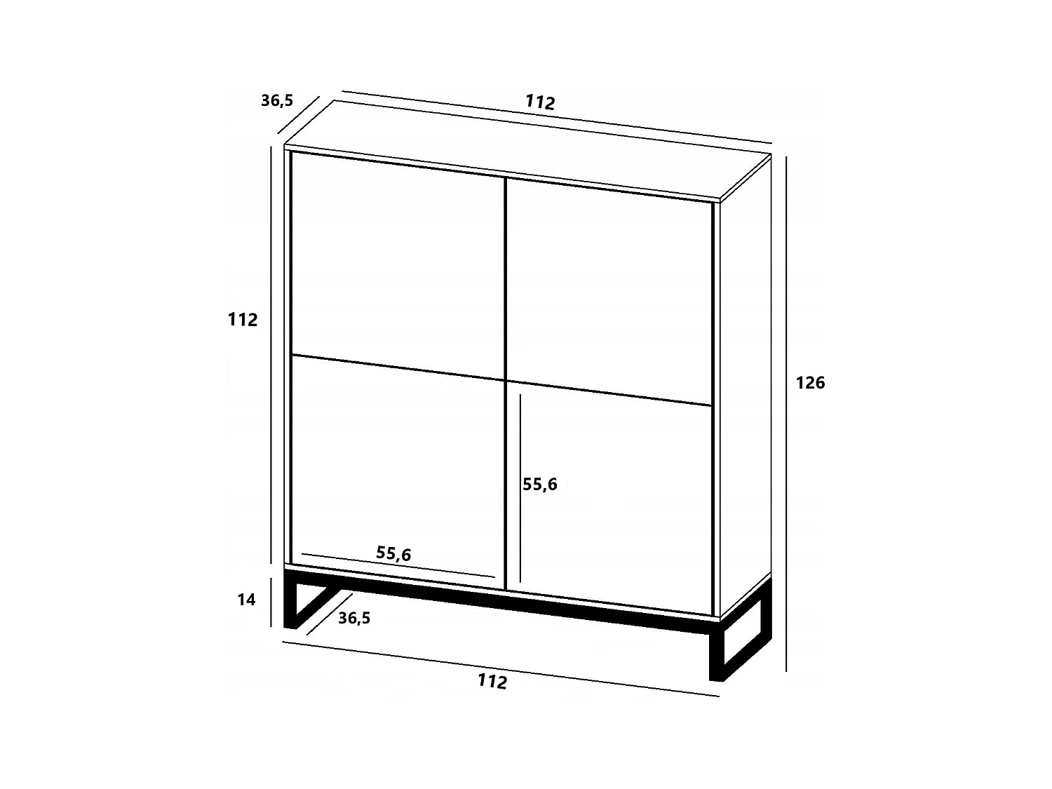 Commode avec 4 portes - Corps Noir mat, façades rainurées Noir mat - 112 cm, Cadre en métal noir