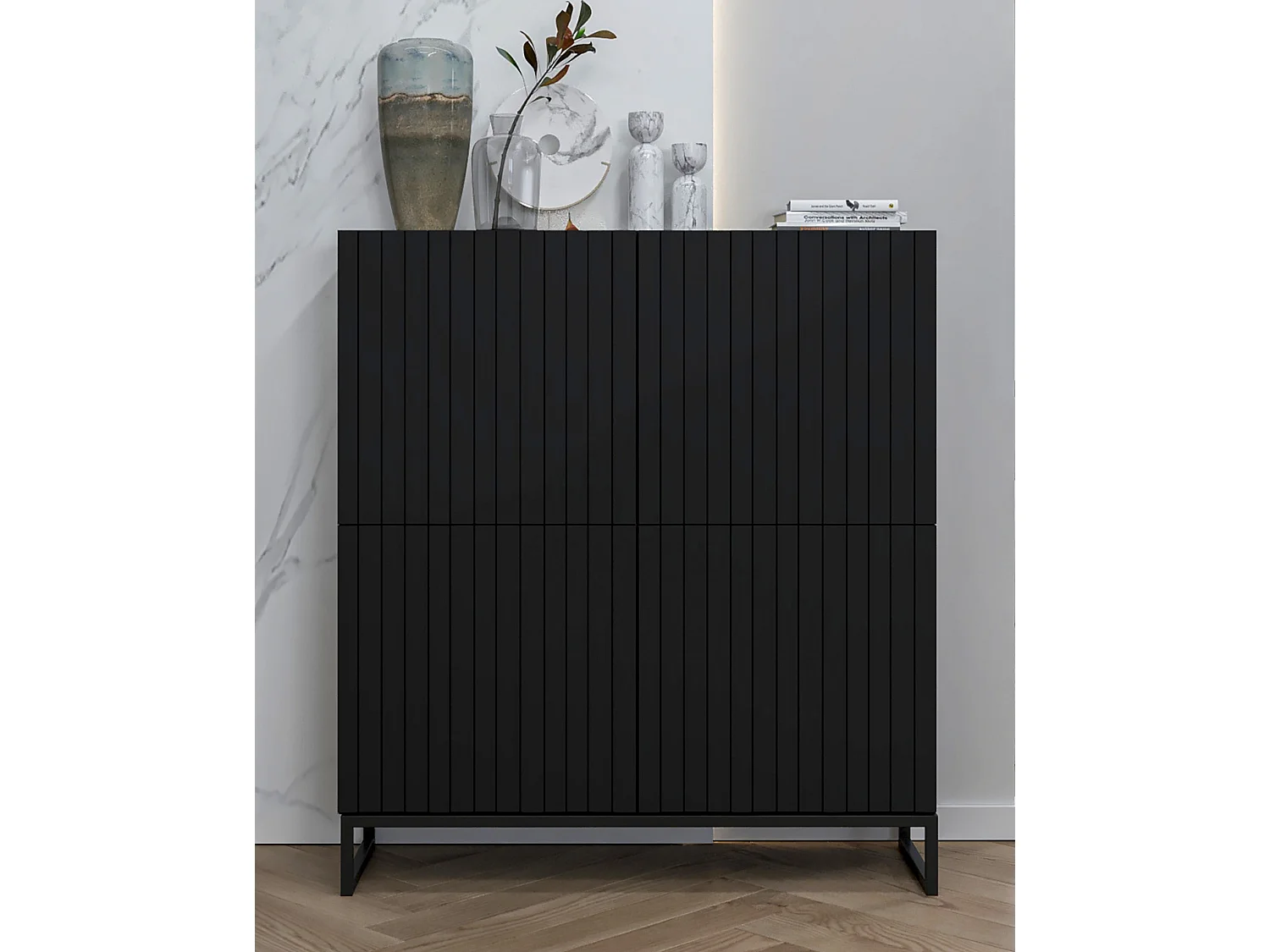 Commode avec 4 portes - Corps Noir mat, façades rainurées Noir mat - 112 cm, Cadre en métal noir
